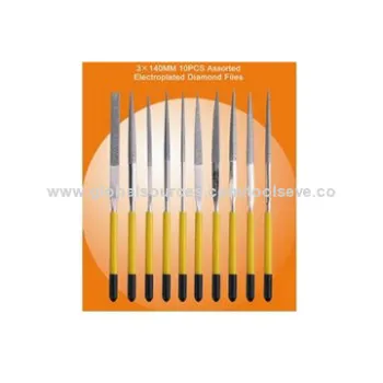 3x140mm 10-piece assorted electroplated diamond files, measures 215x80mm