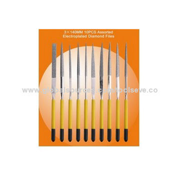 3x140mm 10-piece assorted electroplated diamond files, measures 215x80mm