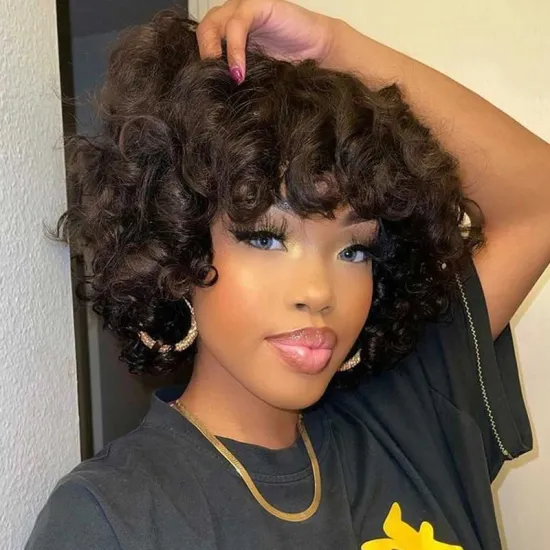 Wholesale Rose Curly Human Hair Wig With Bangs Full Machine Made Deep Wave Short Bob For Women Water Virgin Brazilian Pixie Cut