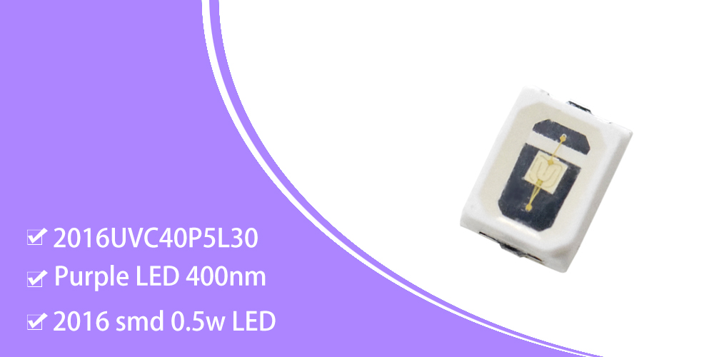 2016UVC40P5L30 0.5W 400nm UV Ultraviolet LED 2016 SMD Emitters 150mA