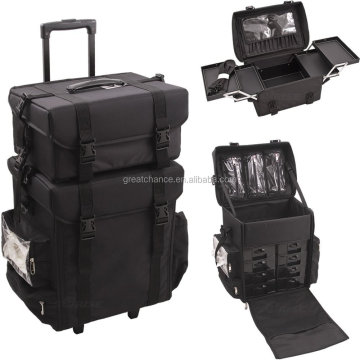 2-in-1 All Black Nylon Soft_Sided Professional Rolling Makeup Case with Drawers and Side Pockets