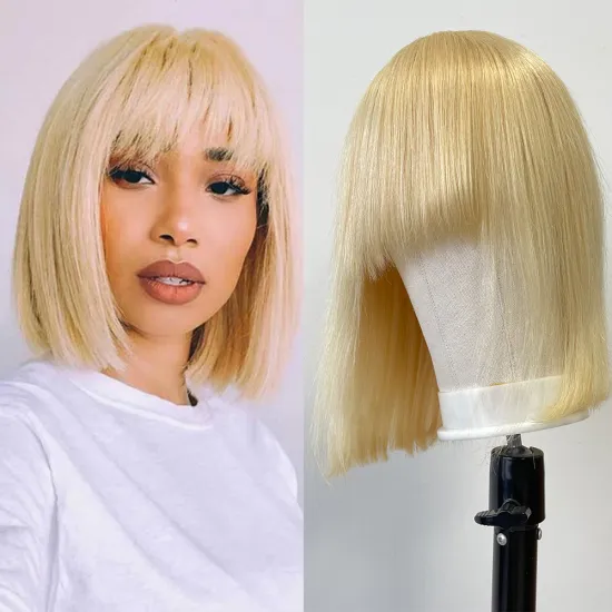 Bone straight Peruvian blonde machine bob cut wigs for black women with bangs, human hair lace front bob wig 613