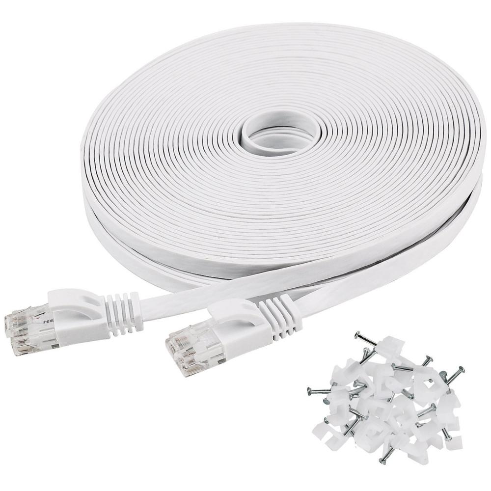 Kabel Ethernet Cat6 100 stóp płaski biały z klipsami