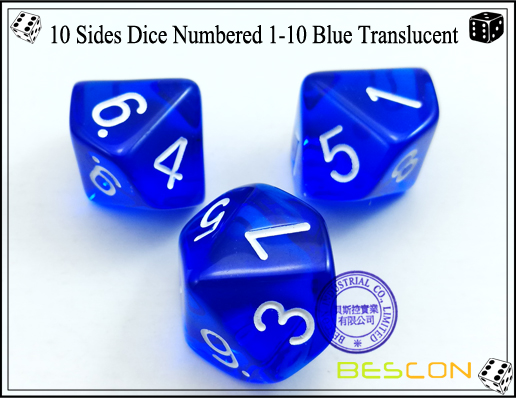 10 Sides Dice Numbered 1-10 Blue Translucent-3