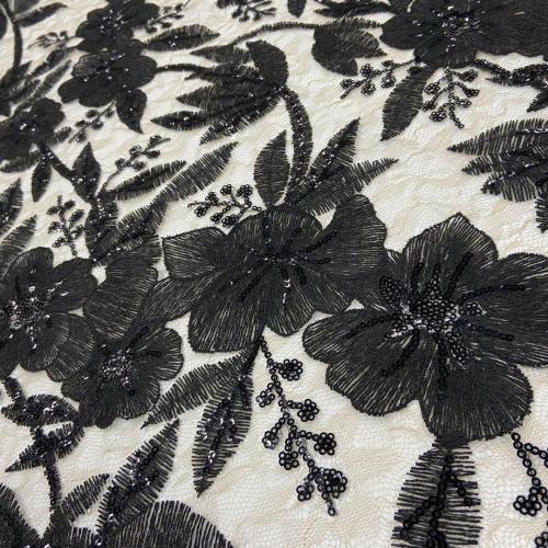 Black Inflorescence Nylon Mesh Sequin Embroidery Fabric