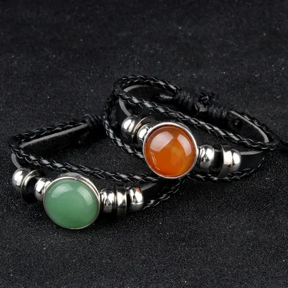 Natural Yellow Jade 20MM Cabs Handmade Woven Leather Bracelets for Women Men