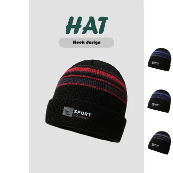 Men's Winter Thickened Fleece-Lined Windproof Striped Knitted Cap with Leather Design