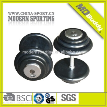 hot sale factory black coated rubber dumbbells with chormed end plate