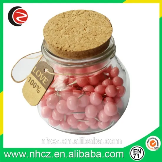 Stationery Pink Round Push Pin in Glass Bottle
