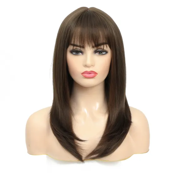 X-tress Medium Length 14 Inch Straight Wig Hairpiece For Women Brown Colored Cosplay Machine Made Synthetic Hair Wigs With Bangs