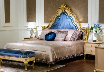 European Design Classical Luxury Solid Wood Bed with Matching Footstool - Royal Blue