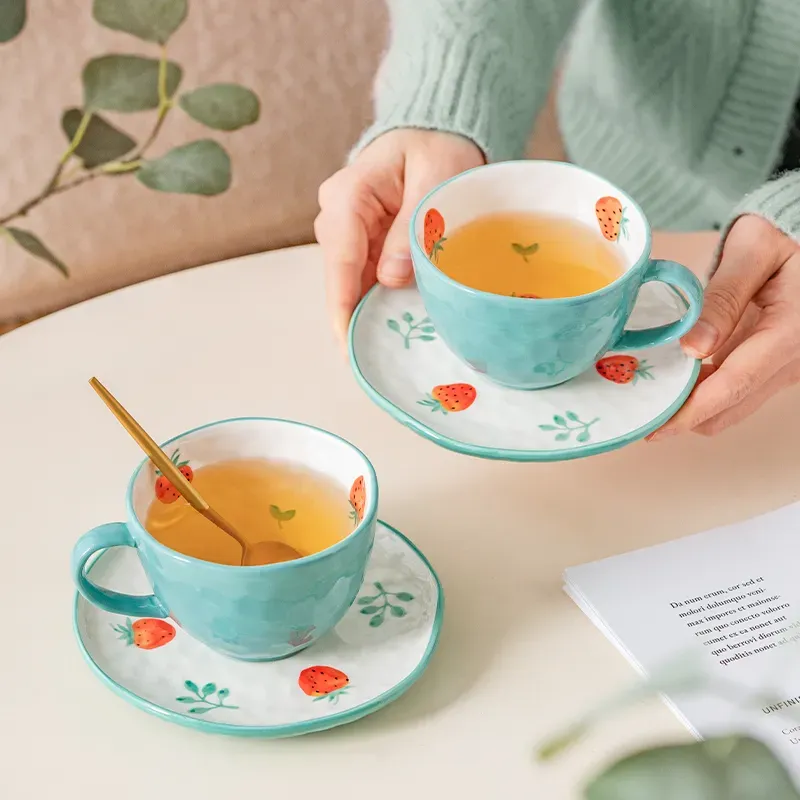 Hand-Painted Strawberry Cup and Saucer Set