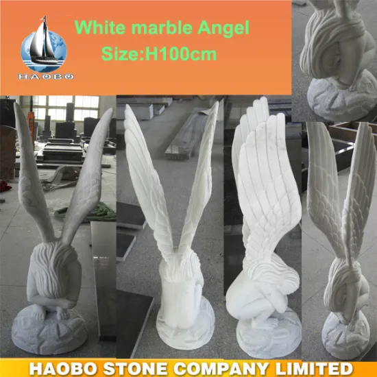 White marble angel with upstraight wings