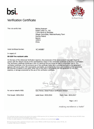 BSI Certificate for Fire Resistant and BS6387-2013
