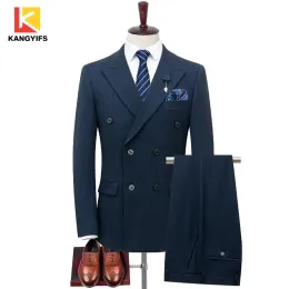Classic Gentleman Style Navy Blue Striped Suit Set