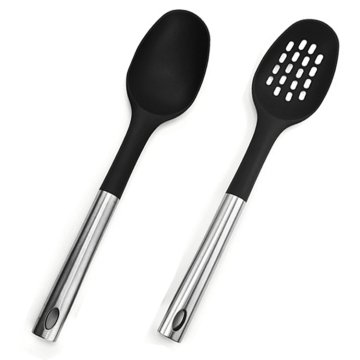 Nylon Cooking Spoon Set with Stainless Steel Handles: Solid and Slotted Frying Sauce Serving Spoons