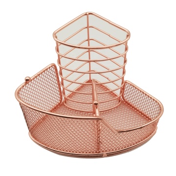 Rose Gold Metal Mesh Office Desk Organizer - Pen Holder & Phone Stand