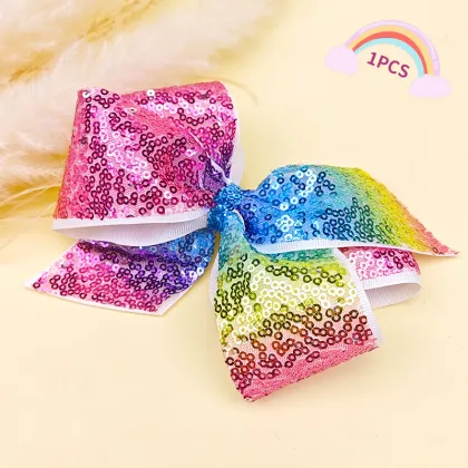 Rainbow Gradient Sequin Bow Hair Clip for Little Girl Mermaid with Colorful Fabric