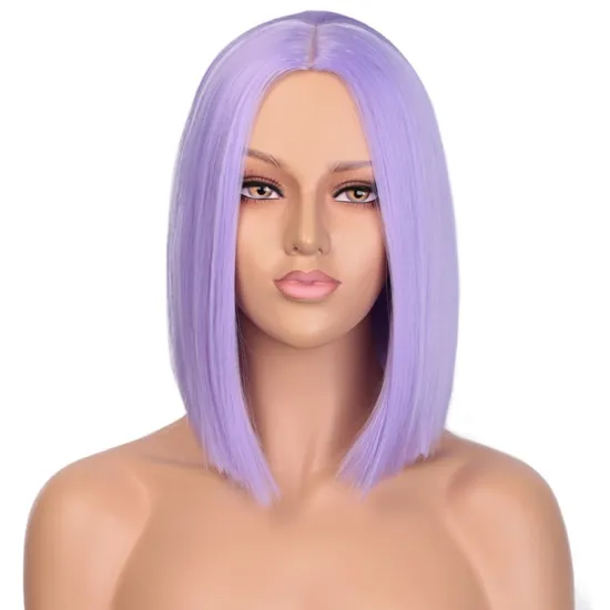 Purple Wigs Heat Resistant Synthetic Fiber Hair Silky Straight Short For Women Bob Party Cosplay Wigs