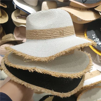 Summer Fashion French Patchwork Broken Brim Panama Straw Hat for Women - Outdoor Sunscreen Hat