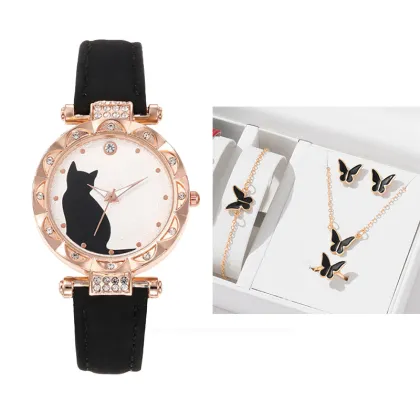 New Pop Female Fashion Watch Set: Simple Design, Kitten Theme Quartz Watch