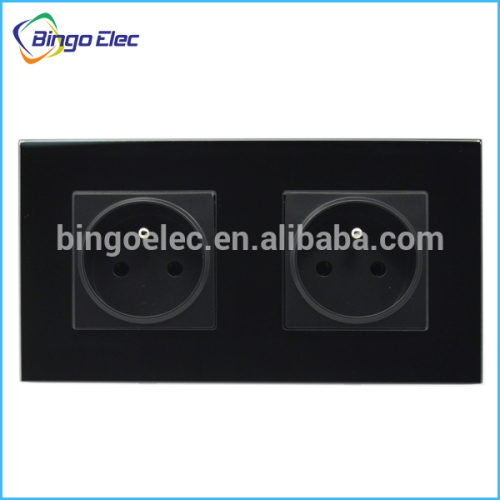 Euro type power socket,black glass panel,2gang double 16A french socket