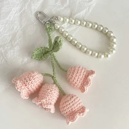 Korean Style Creative Cute Girl's Pearl Chain Wool Crochet Lanling Flower String Keychains