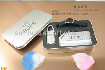 Luggage tag with leather strap and coded lock in metal gift box/Memorial Gifts