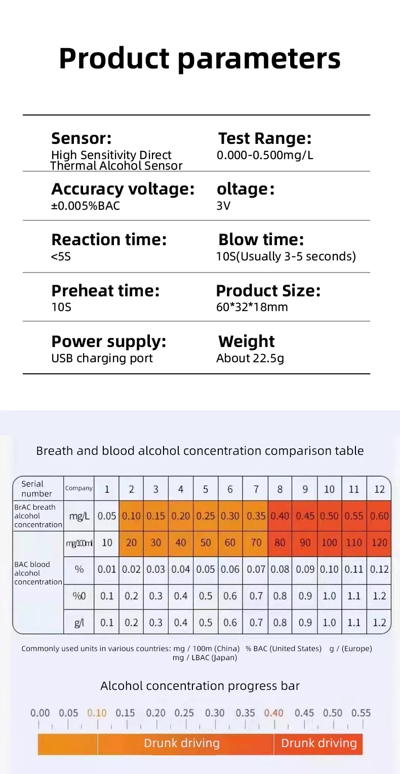 Non-Contact USB Rechargeable car breath alcohol checker tester breathalyzer 