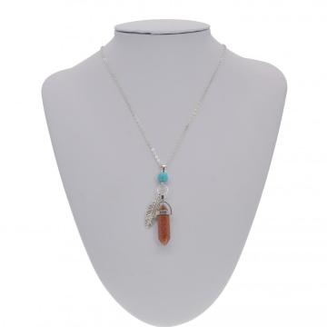 Goldstone Feather Hexagonal Prism Pendant Necklace