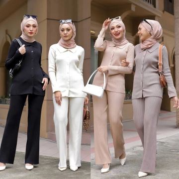 2024 Muslim Women's Knitted Set: Sweater Top and Pants for Winter in Malaysia
