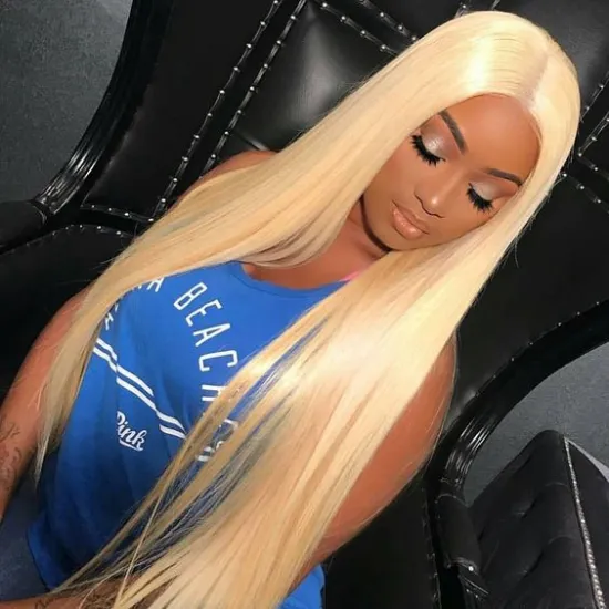 613 Blonde Color Mink Straight Human Hair Wigs, Wholesale 100% Raw Brazilian Human Hair 613 T shape Lace Front Wig For Women
