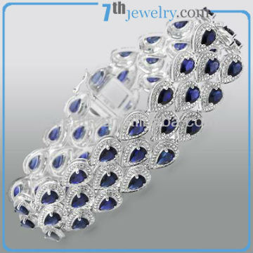 2013 Blue Sapphire Tear Drop CZ Diamond Prong Set Brass Wide Diamond Cuff Sapphire Bracelet With Rhodium Plating