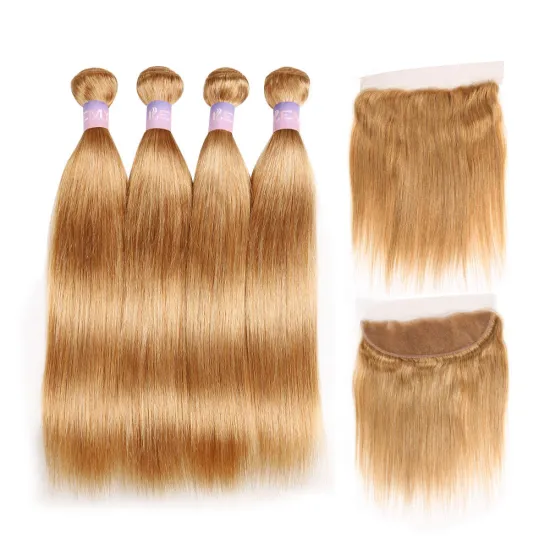 Light Brown Human Hair Bundles With Closure 4x4 4x13 frontal Pre-Colored Brazilian Straight Hair Weave Bundles