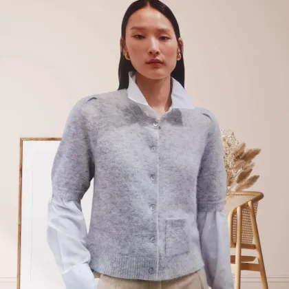 Short-Sleeved Light Grey Patchwork Knitted Cardigan