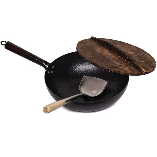 Large Size 36cm Carbon Steel Hand Hammered Nonstick Wok Pan Set Supplier