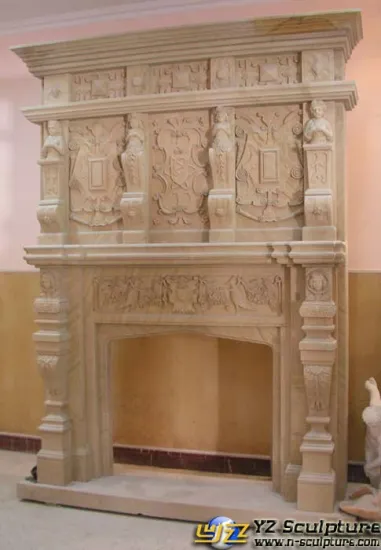 Beige Carved Marble Tile Fireplaces