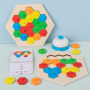 Geometric Hexagon and Honeycomb Wooden Puzzle Challenge: A Color Matching Memory Game