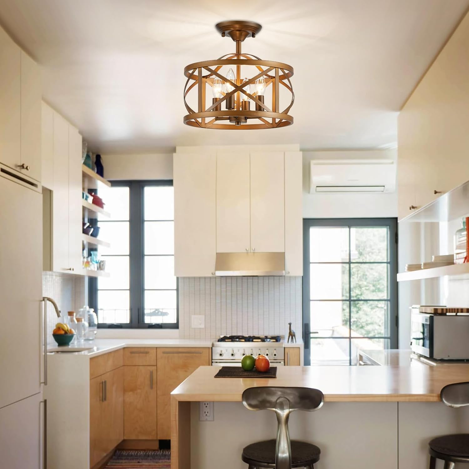 Rustic Vintage Farmhouse 4-Light Bronze Semi Flush Mount Ceiling Light With Metal Cage (3)
