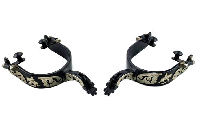 Black Steel Reining Spurs With Floral Decorations