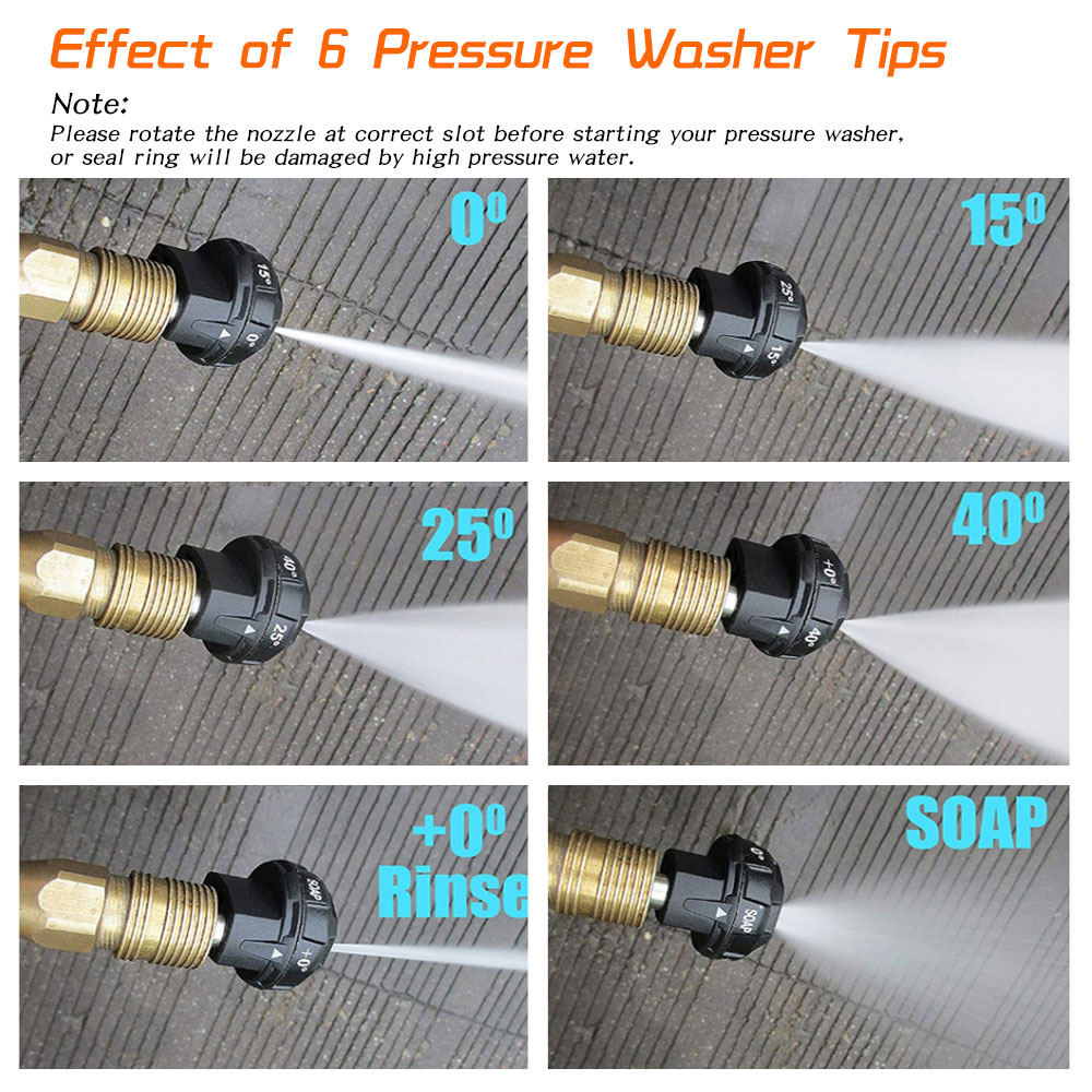 6 en 1 Consejos de lavadora a presión Boquilla Consejos de conexión rápida para lavado de automóvil 1/4 pulgadas Ventilador de ducha de rociado de columna de agua