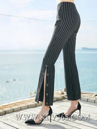 Office Ladies Striped Long Flared Pants