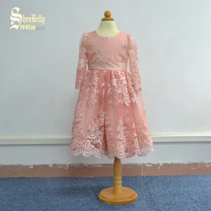 Pink lace mesh long sleeve baby frock style baby dress girls children dress