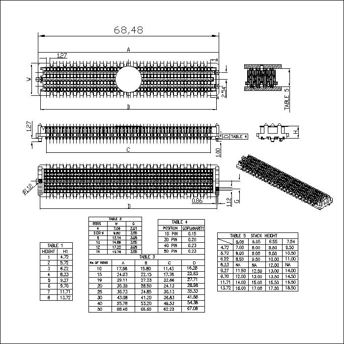 BB1.27-MXXXXXBX05 1.27 Board To Board Male Plug Connector