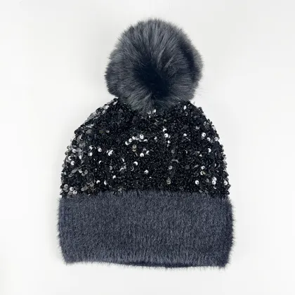 Wholesale High Quality Big Fake Fur Shiny Pom Pom Beanie Hat
