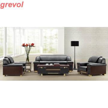 Double Happiness Black Leather Sofa Suite with Wood Frame modern