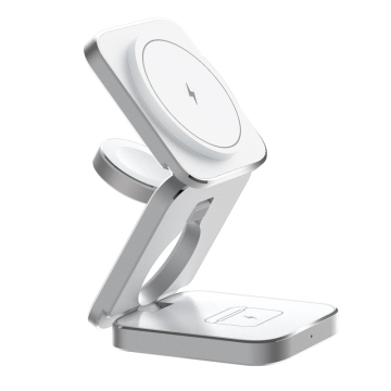 Metal Slim Magnetic Foldable 3-in-1 15W Fast Wireless Charger Stand and Holder for Mobile Phones