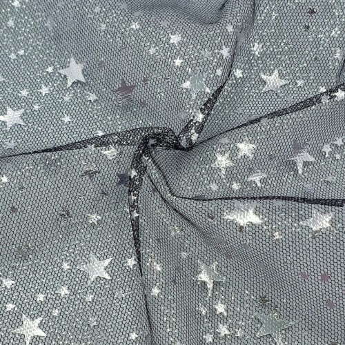 Tessuto in tulle di poliestere 100% stampato con lamina d'argento