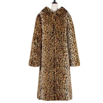 Wholesale Women Luxury Faux Rabbit Fur Jacket X Long Hooded Leopard Print Faux Fur Coat for Woman