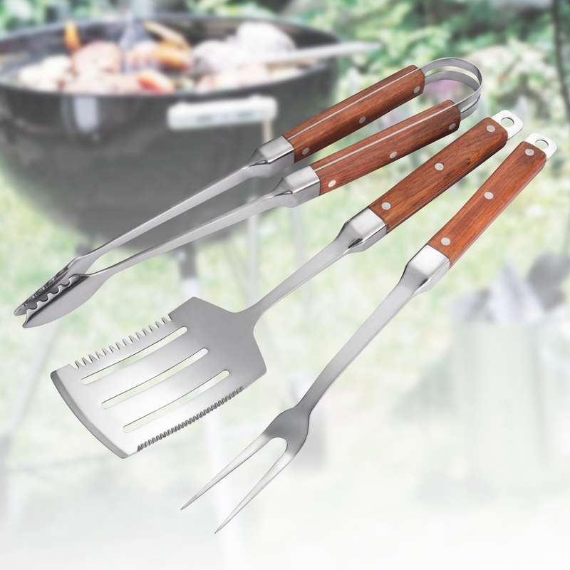 3PCS Wooden Handle Stainless Steel BBQ Tools Set